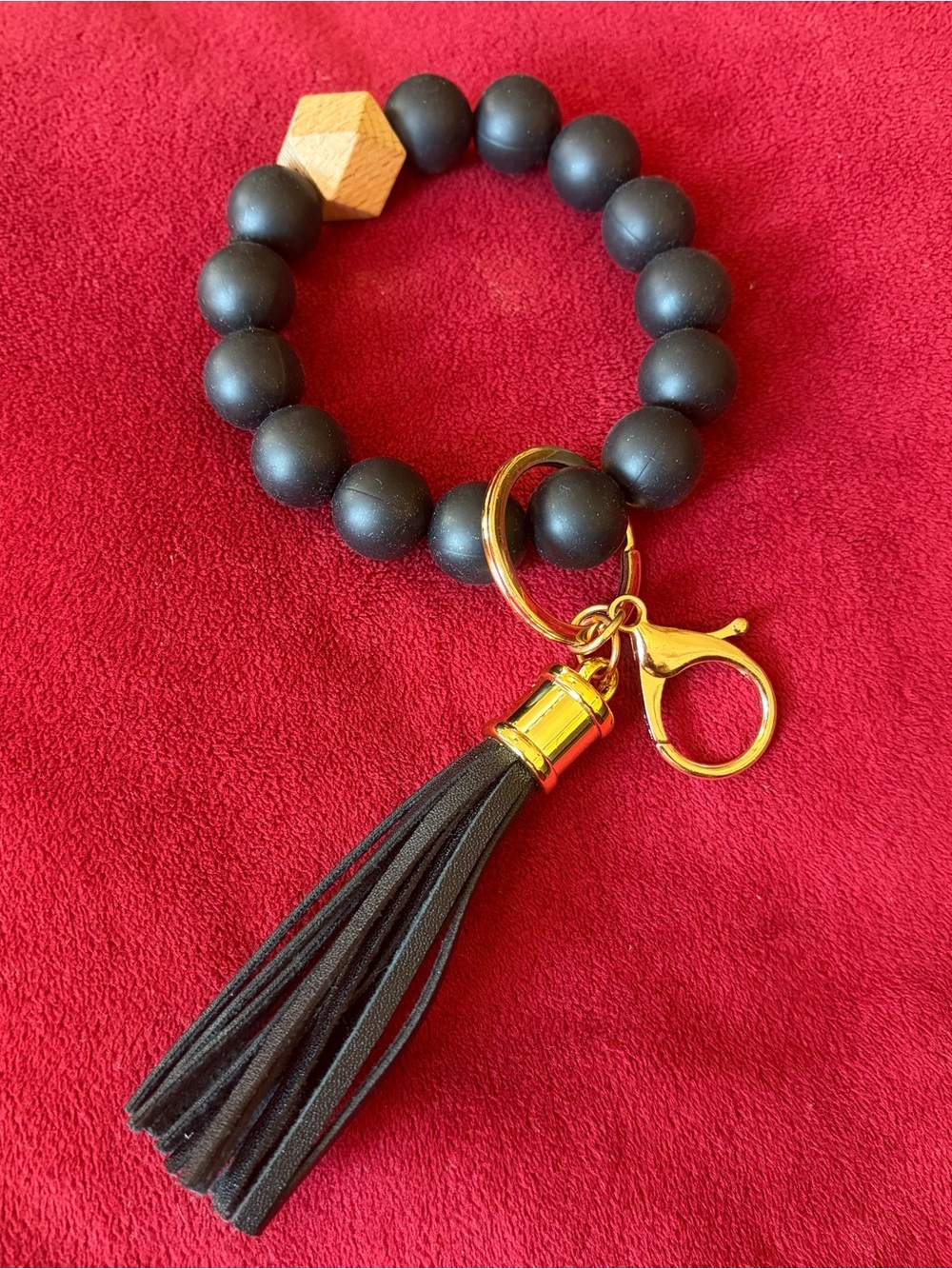 Black Beaded Tassel Keyring Bracelet - Gold Hardware